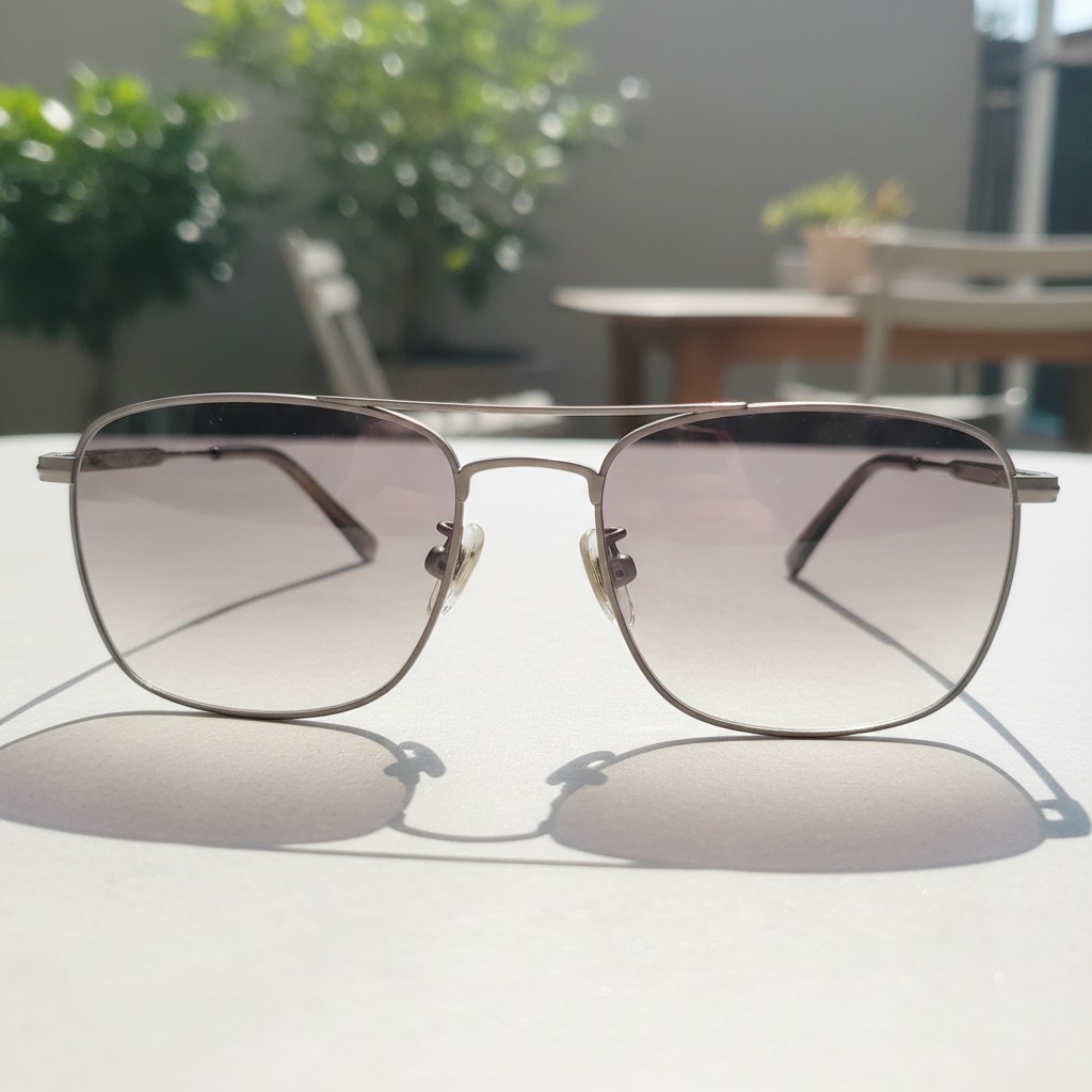 Óculos de sol com armação metálica e lentes degradê apoiados sobre uma superfície branca ao ar livre.
